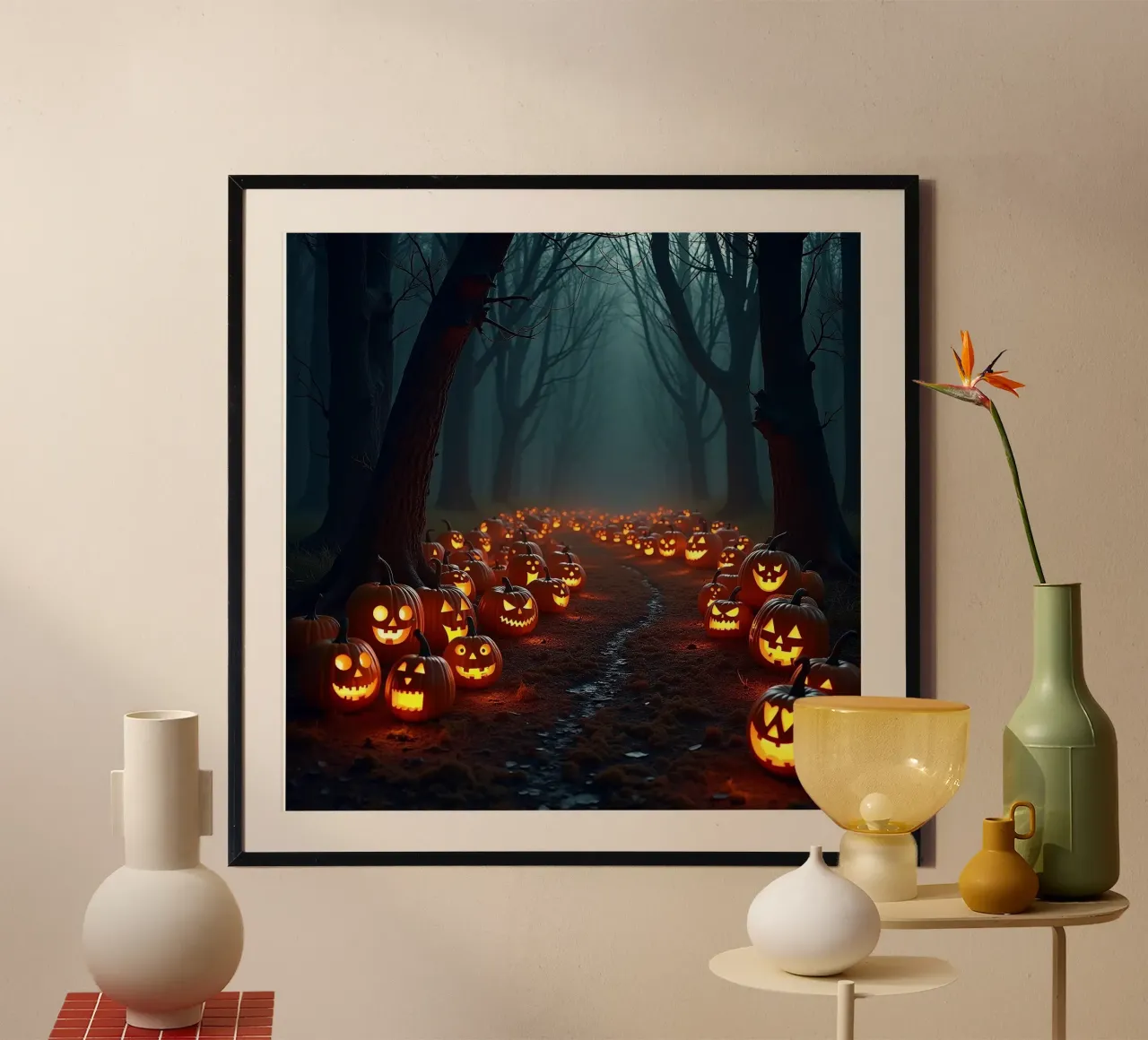 Halloween_zucche nel bosco_1 poster con telaio in legno da Fantasie & Mystikwelten by LK