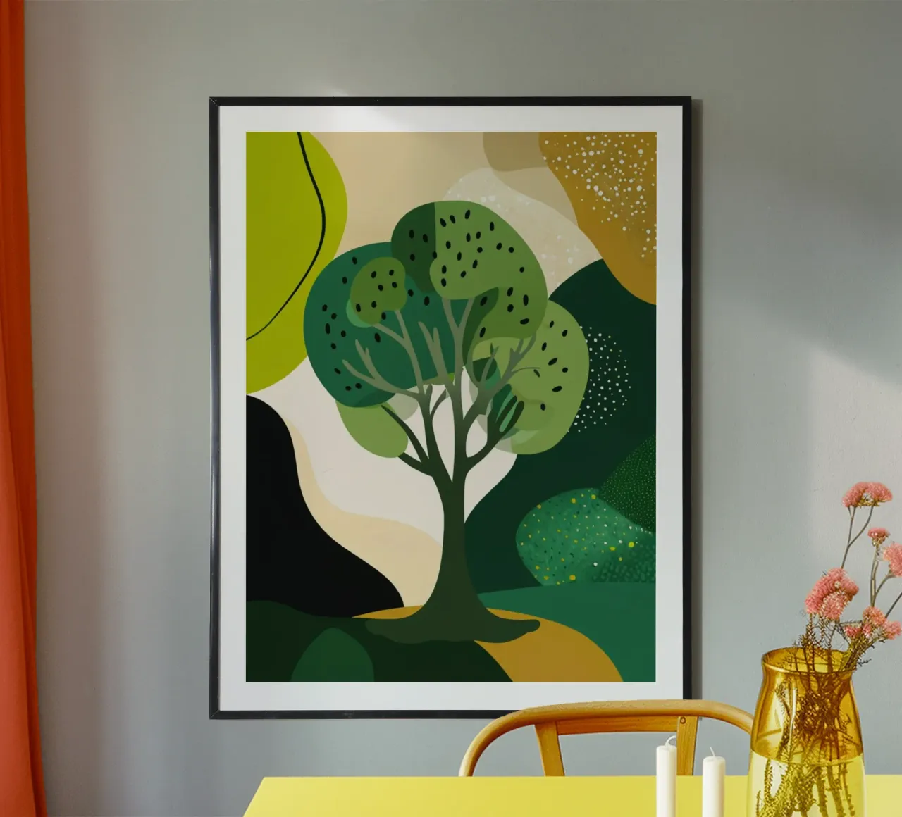 Abstract Verdant Landscape: A Tree of Life in a Modern Fores poster with wooden frame by Artistic-shop