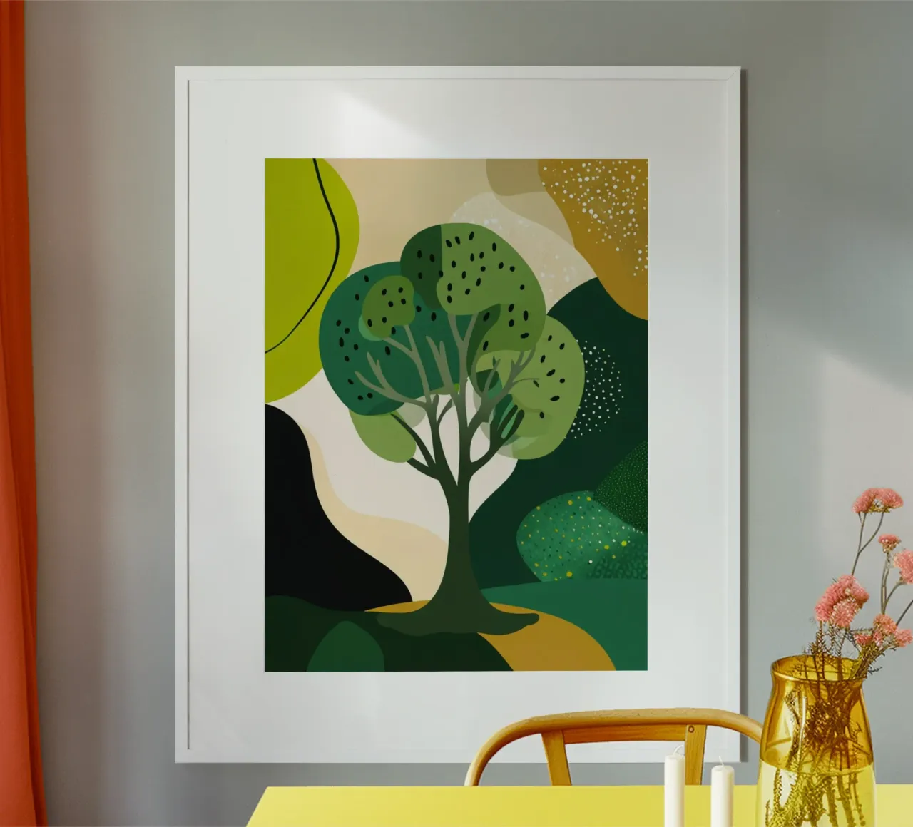 Abstract Verdant Landscape: A Tree of Life in a Modern Fores poster with wooden frame by Artistic-shop