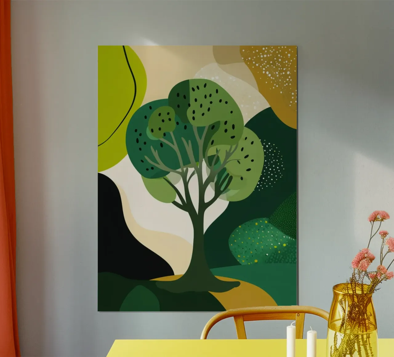 Abstract Verdant Landscape: A Tree of Life in a Modern Fores poster with wooden frame by Artistic-shop