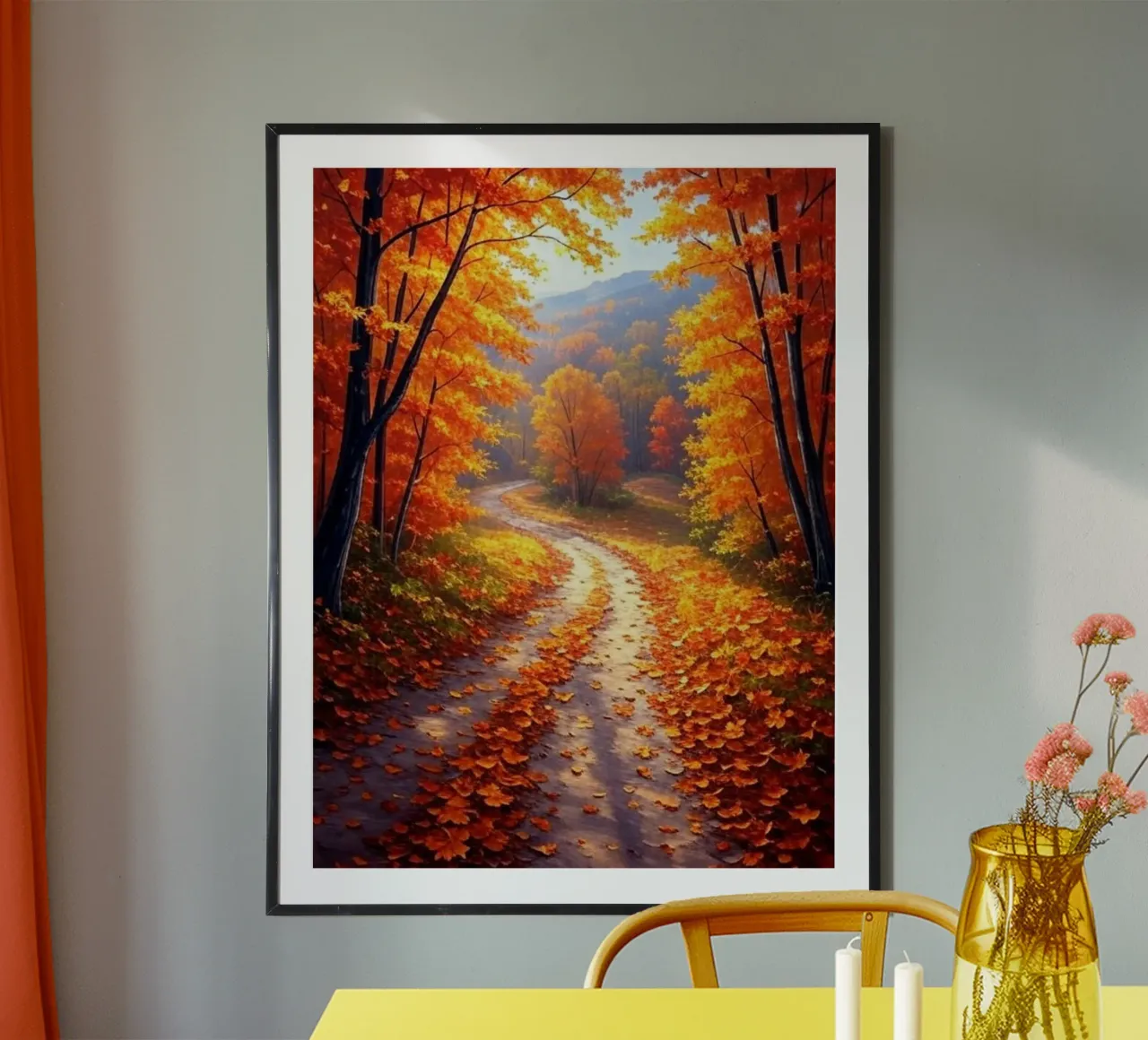 Ein goldener Pfad durch eine herbstliche Waldlandschaft Poster mit Holzrahmen von Artistic-shop