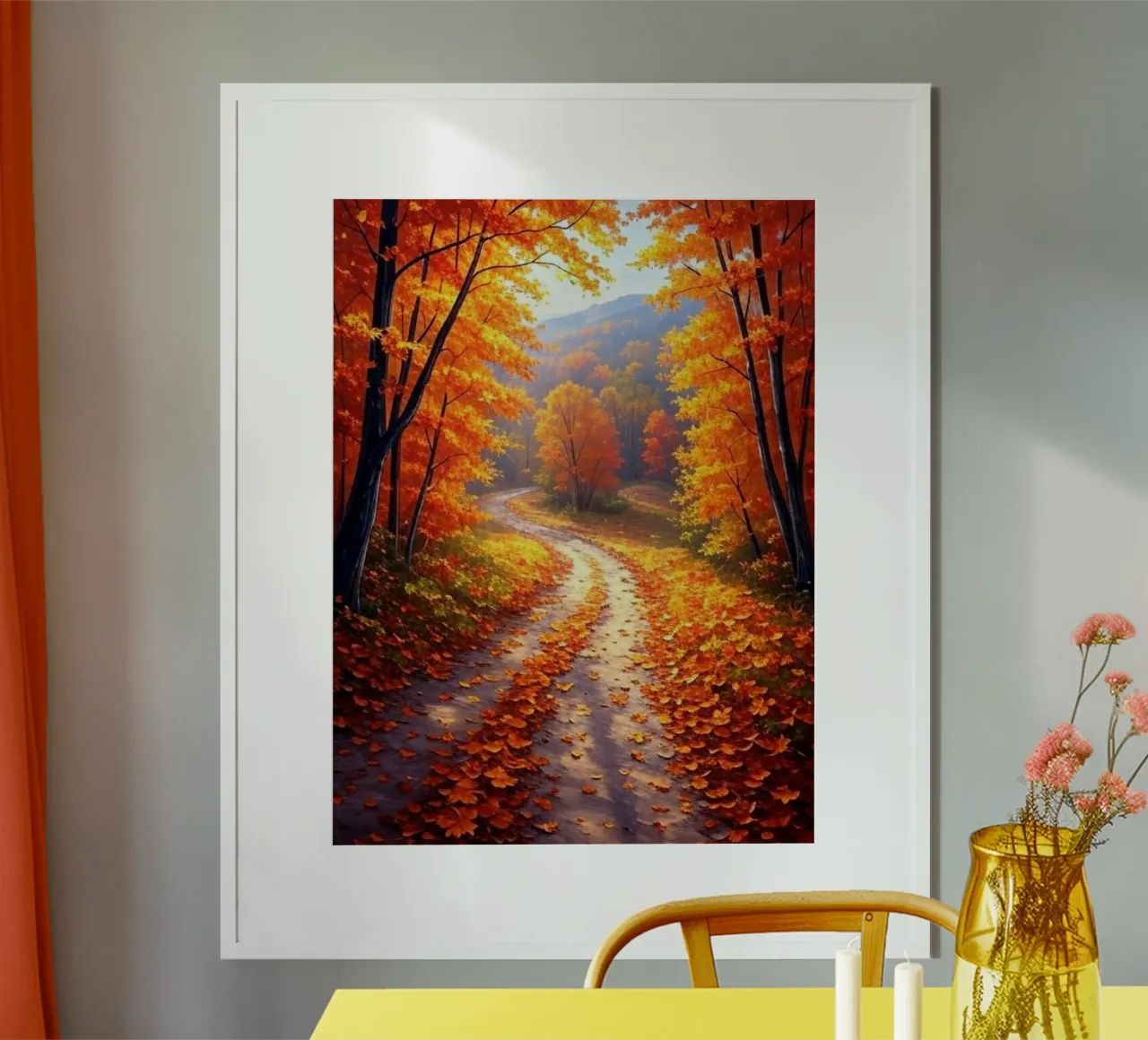 Ein goldener Pfad durch eine herbstliche Waldlandschaft Poster mit Holzrahmen von Artistic-shop