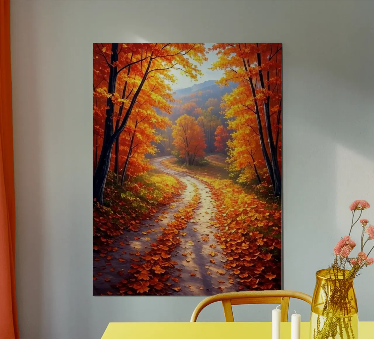 Ein goldener Pfad durch eine herbstliche Waldlandschaft Poster mit Holzrahmen von Artistic-shop