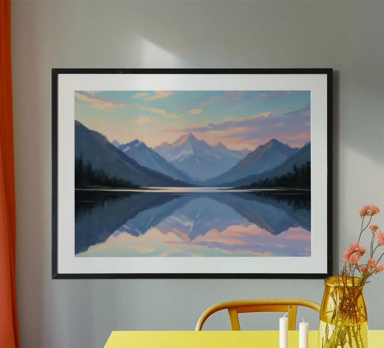 Sussurri del crepuscolo: Sereno lago di montagna che riflette il cielo poster con telaio in plastica da Artistic-shop