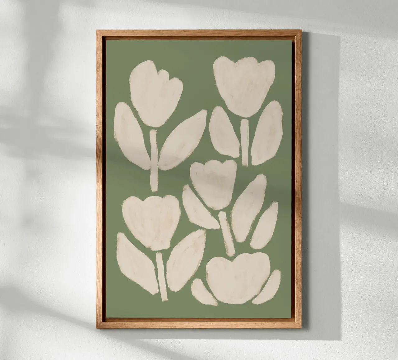 Tulipanes abstractos verde salvia lienzo con Marco flotante de Melloi Art Print