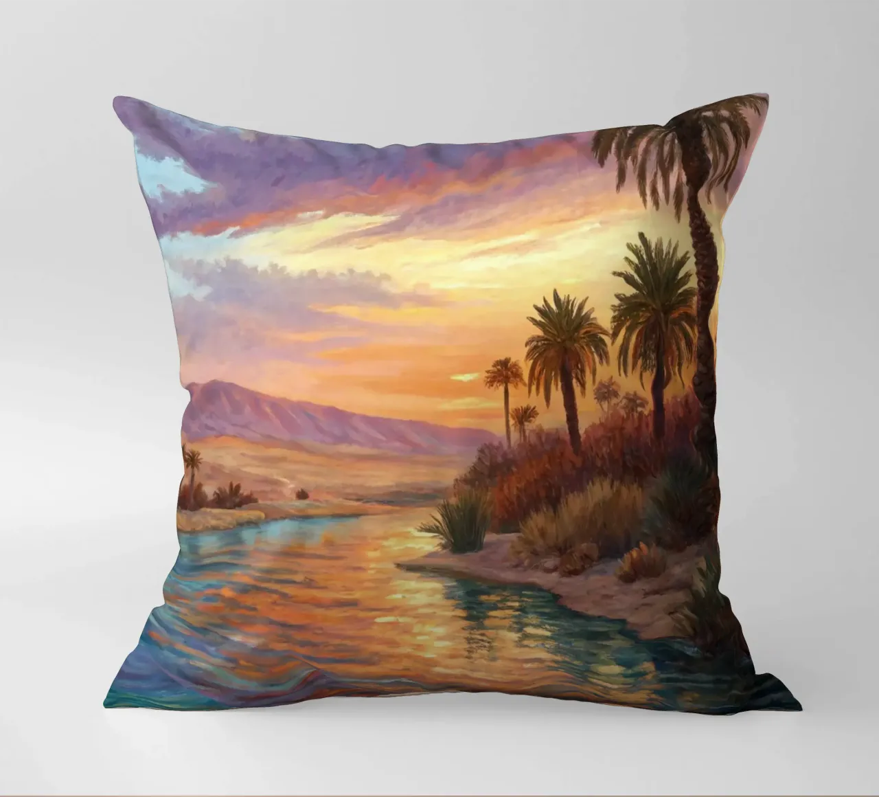 Oasi dell'ora d'oro: L'abbraccio di un fiume del deserto cuscino da Artistic-shop