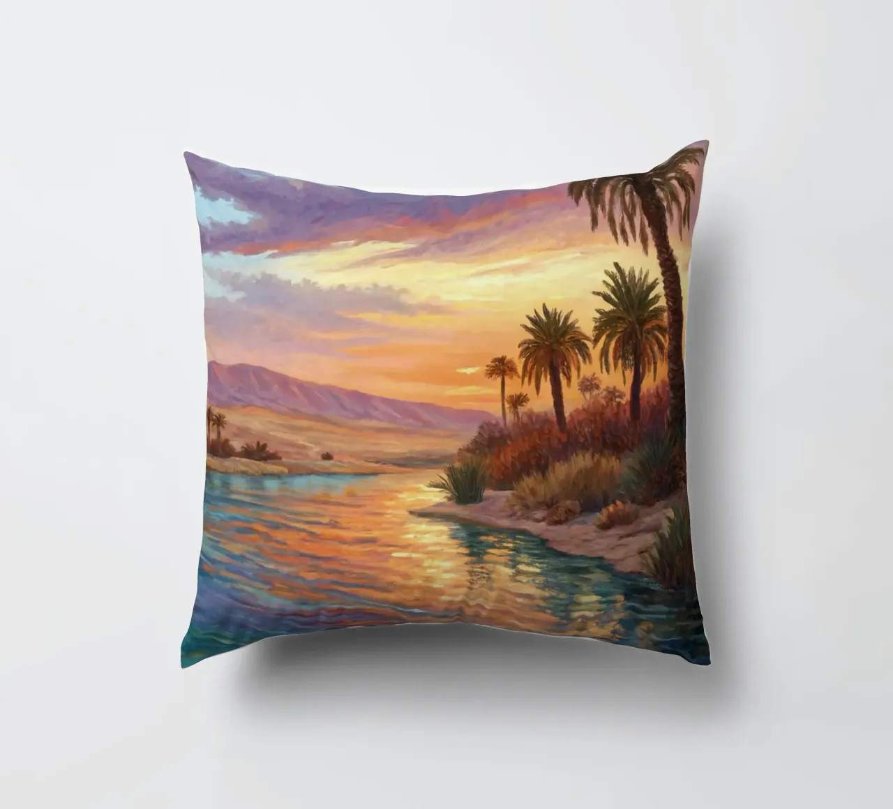 Oasi dell'ora d'oro: L'abbraccio di un fiume del deserto cuscino da Artistic-shop