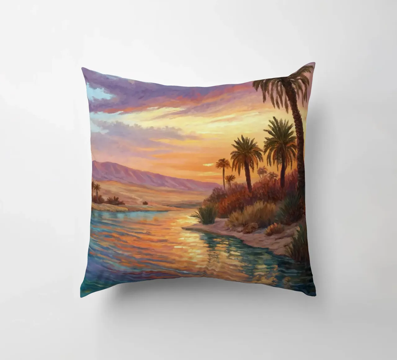 Oasi dell'ora d'oro: L'abbraccio di un fiume del deserto cuscino da Artistic-shop