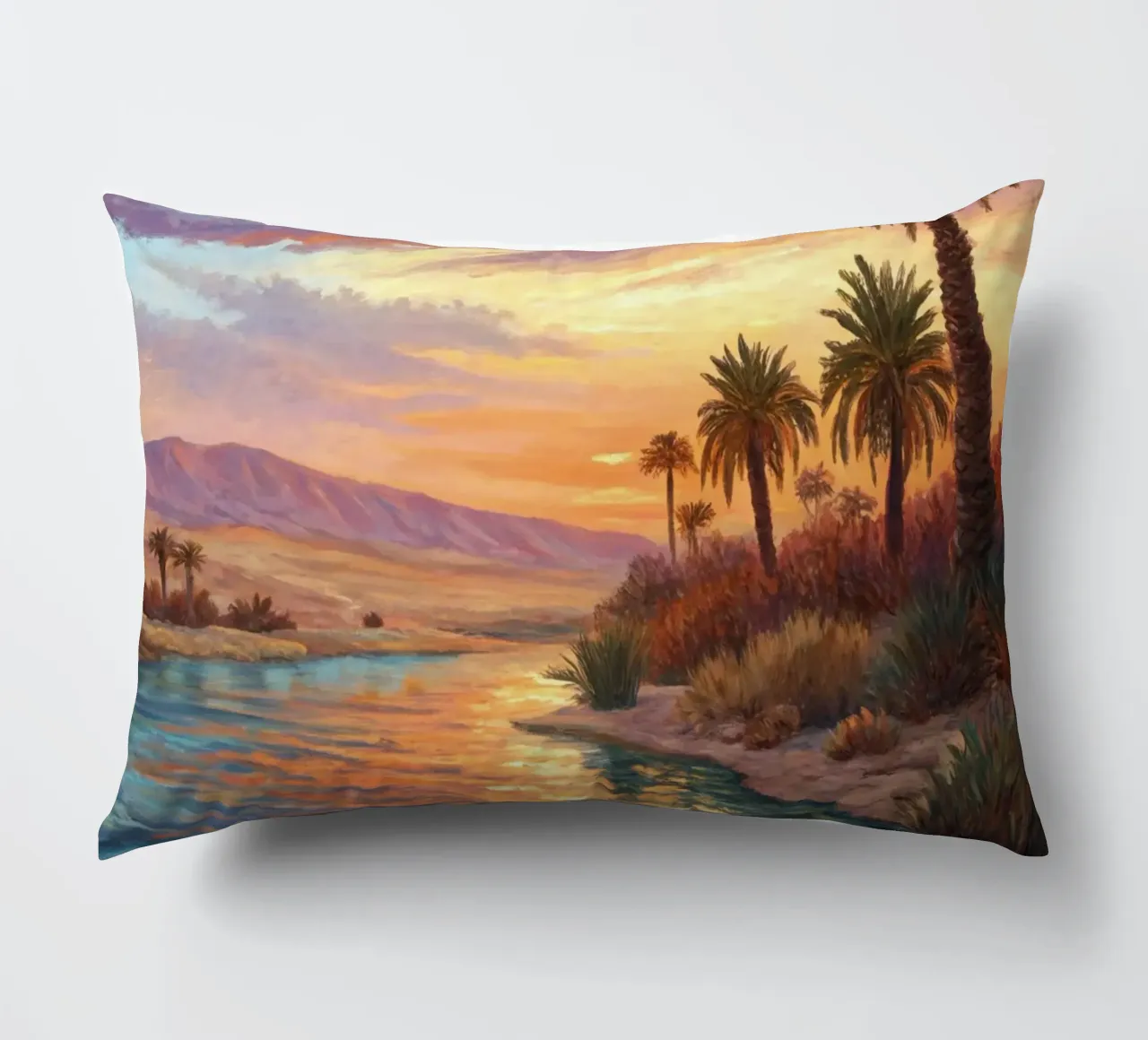Oasi dell'ora d'oro: L'abbraccio di un fiume del deserto cuscino da Artistic-shop