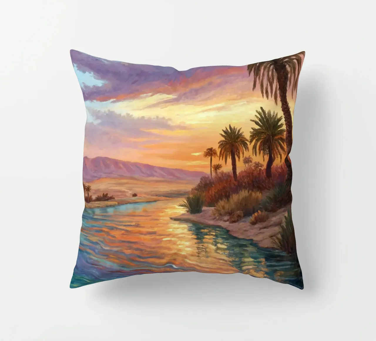 Oasi dell'ora d'oro: L'abbraccio di un fiume del deserto cuscino da Artistic-shop
