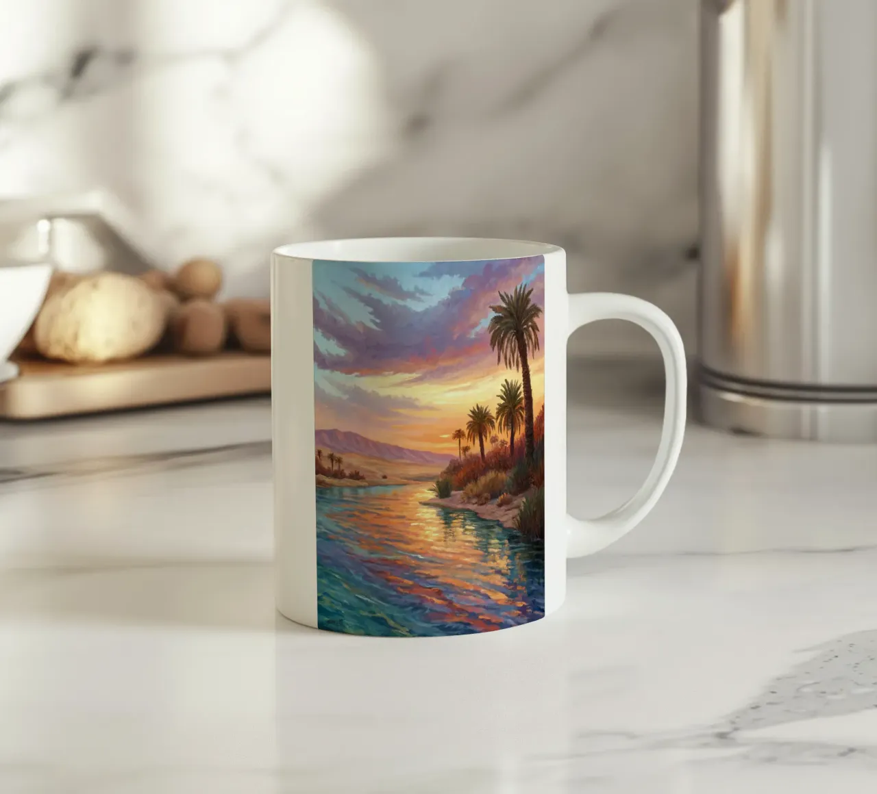 Oasi dell'ora d'oro: L'abbraccio di un fiume del deserto tazza in ceramica da Artistic-shop