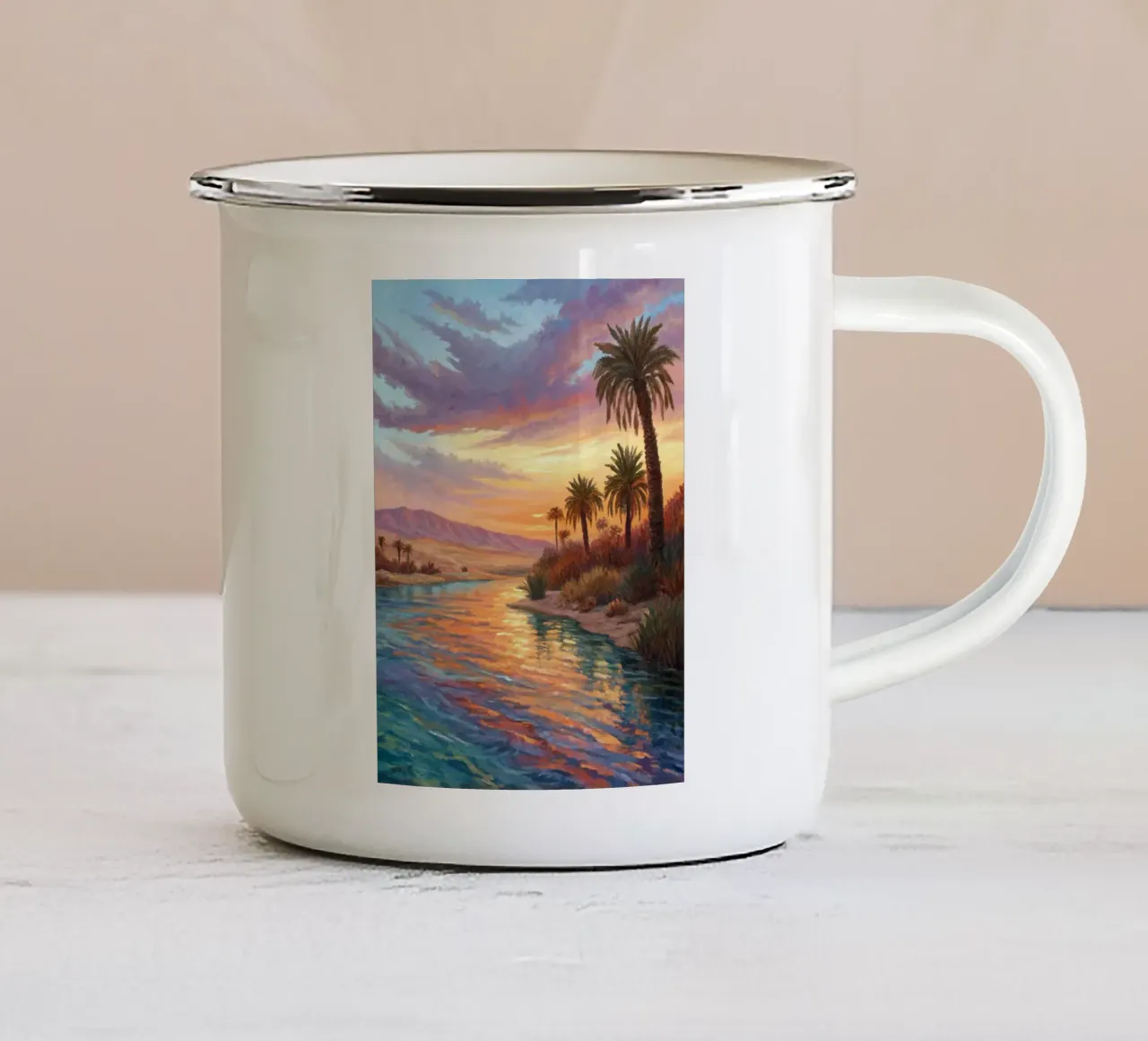 Oasi dell'ora d'oro: L'abbraccio di un fiume del deserto tazza in smalto da Artistic-shop
