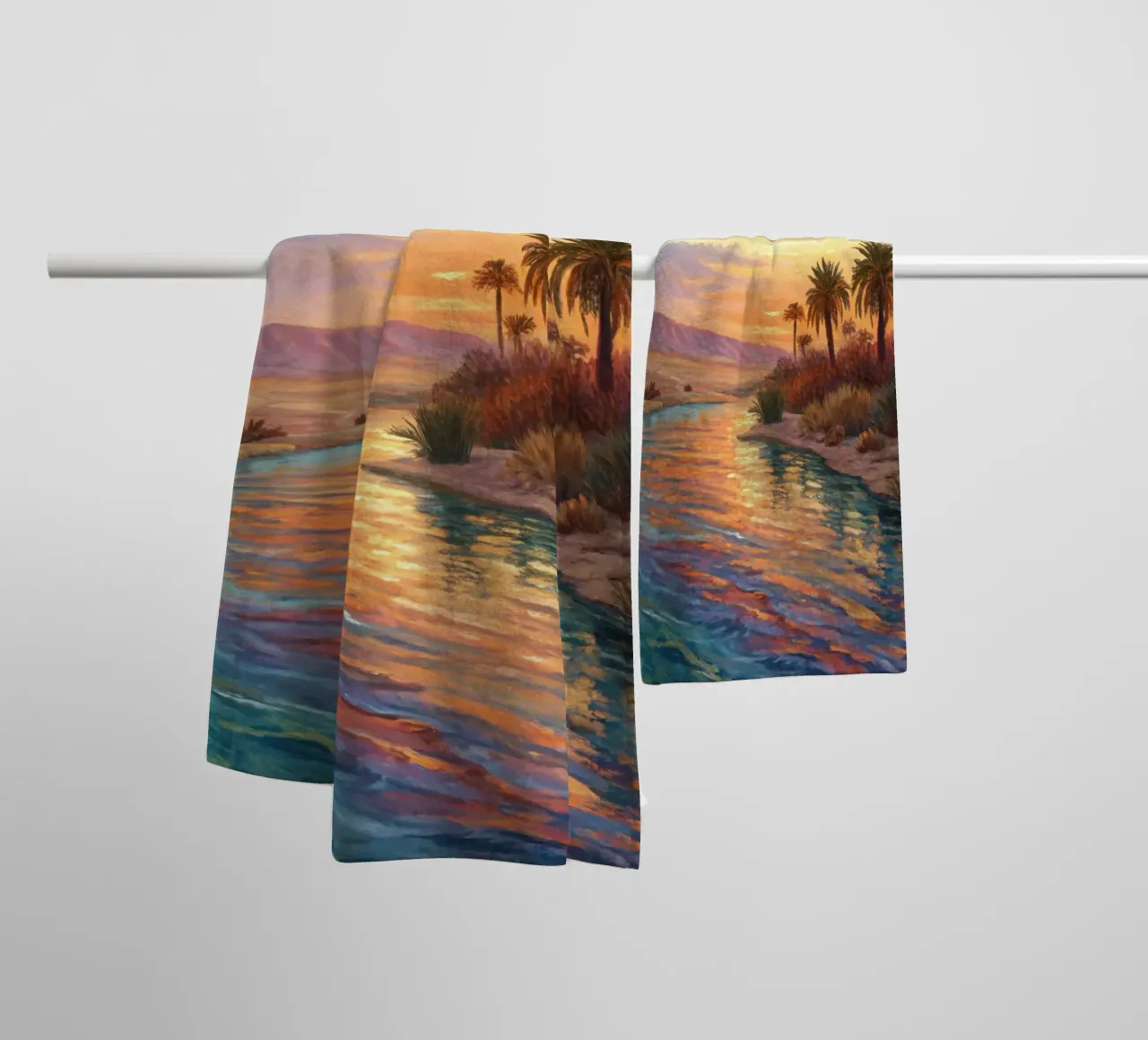 Oasi dell'ora d'oro: L'abbraccio di un fiume del deserto asciugamano da bagno da Artistic-shop