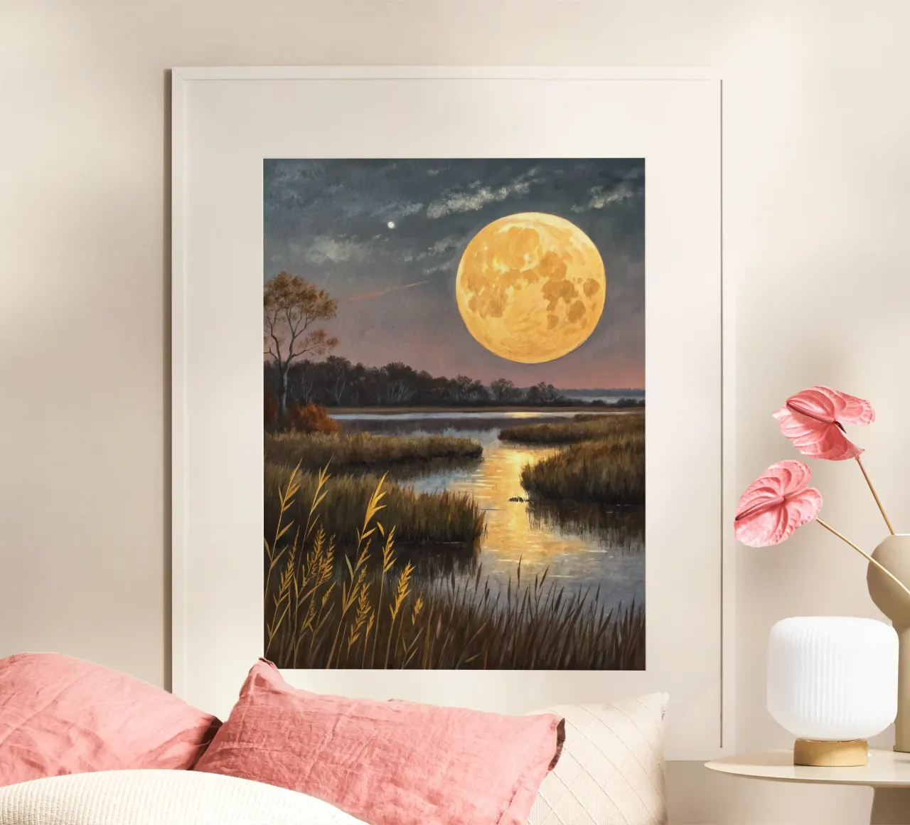 Der Erntemond geht über den Salzwiesen auf Poster mit Aluminium Rahmen von Artistic-shop