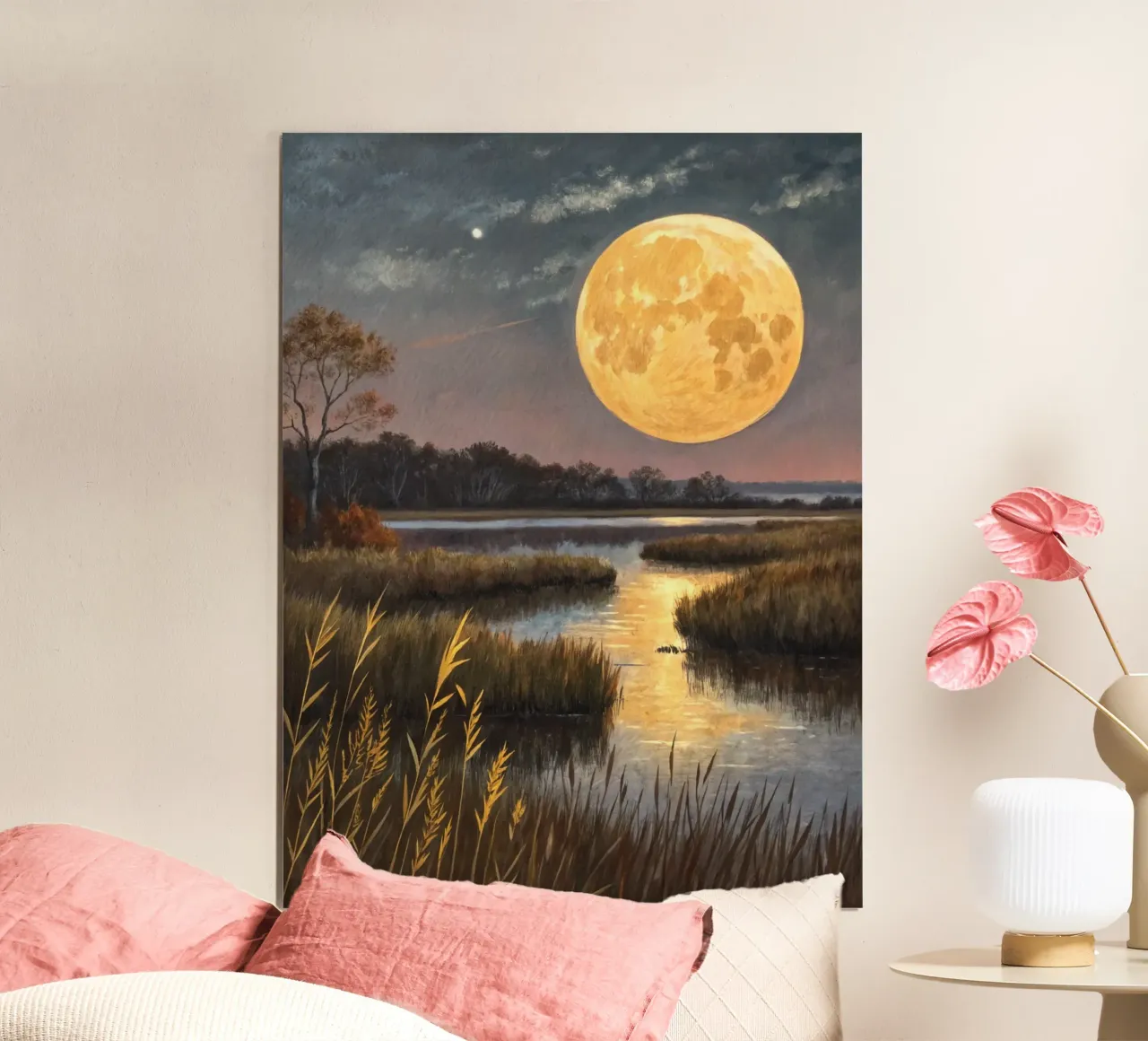 Der Erntemond geht über den Salzwiesen auf Poster mit Aluminium Rahmen von Artistic-shop