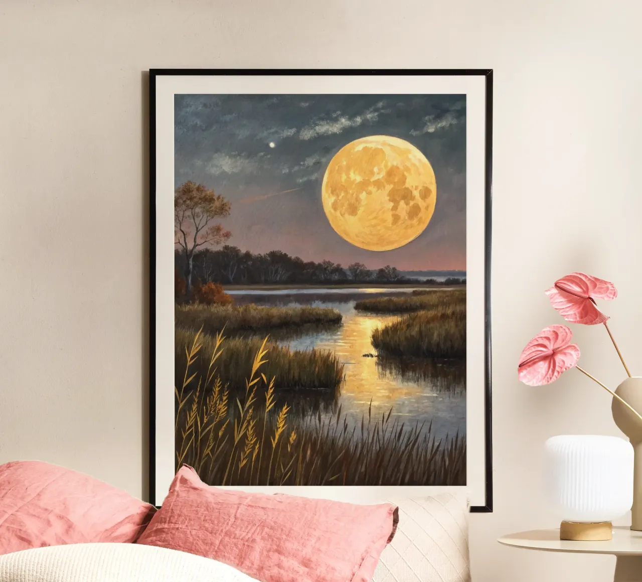 Der Erntemond geht über den Salzwiesen auf Poster mit Aluminium Rahmen von Artistic-shop