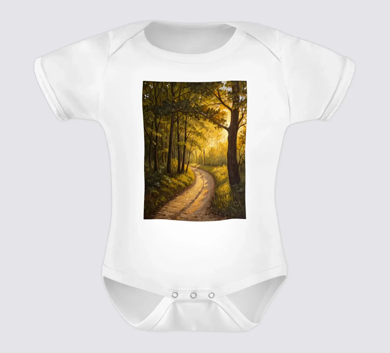 Der Goldene Pfad in der Abenddämmerung: Eine heitere Reise durch ein sonnenbeschienenes F Kurzarm Babybody von Artistic-shop