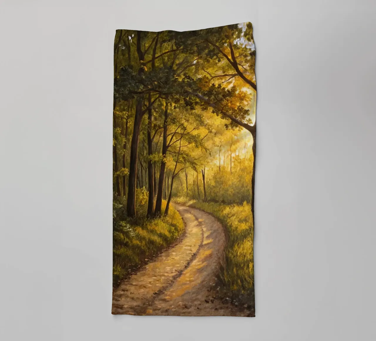 The Golden Path at Dusk: A Serene Journey Through a Sunlit F towel by Artistic-shop