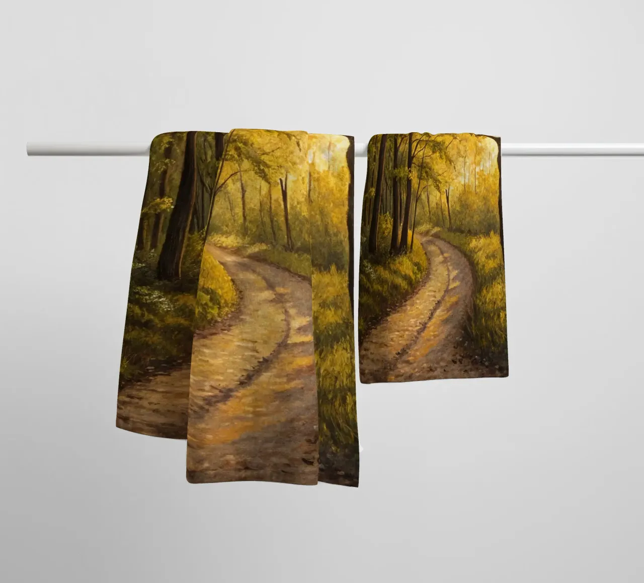 The Golden Path at Dusk: A Serene Journey Through a Sunlit F towel by Artistic-shop
