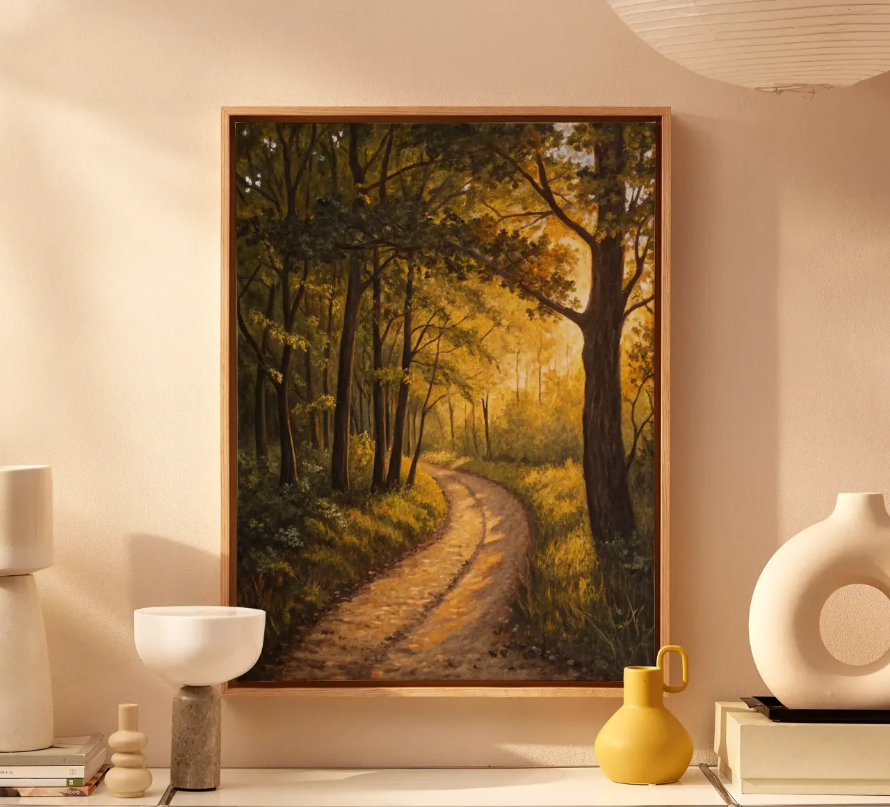 Il sentiero d'oro al crepuscolo: Un viaggio sereno attraverso un'area illuminata dal sole. tela con Cornice a cassetta da Artistic-shop