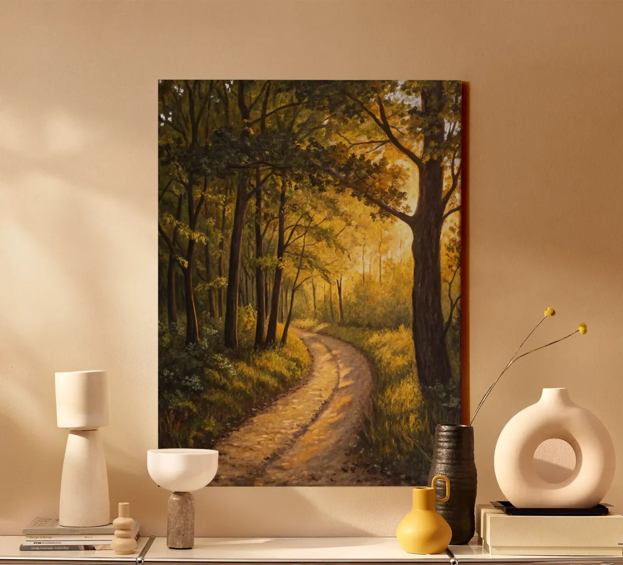 Il sentiero d'oro al crepuscolo: Un viaggio sereno attraverso un'area illuminata dal sole. tela con Cornice a cassetta da Artistic-shop
