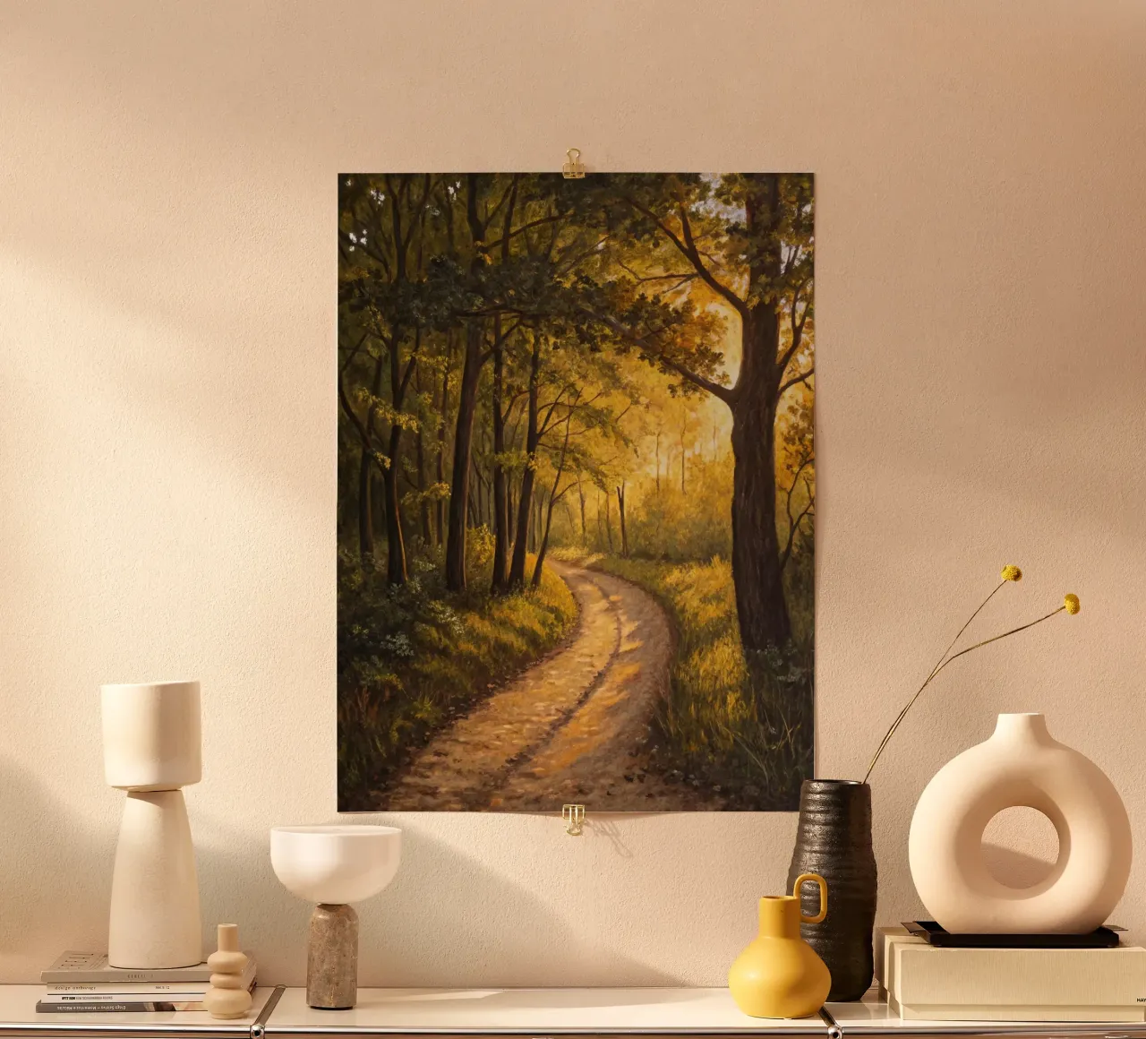 Il sentiero d'oro al crepuscolo: Un viaggio sereno attraverso un'area illuminata dal sole. poster con telaio in alluminio da Artistic-shop