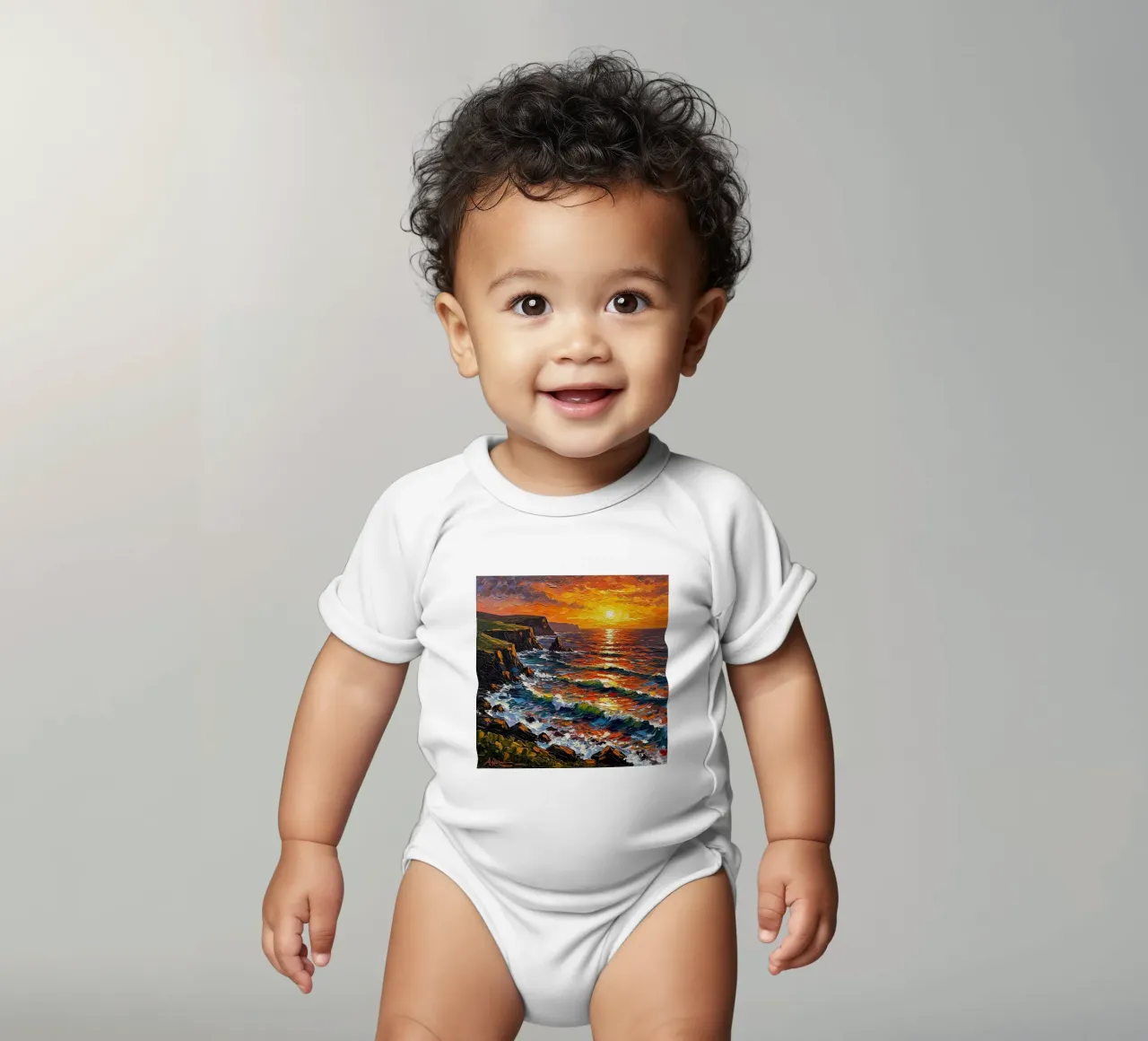 Kliffen bij zonsondergang: Een gestructureerd zeegezicht in impasto babyrompertje korte mouwen van Artistic-shop