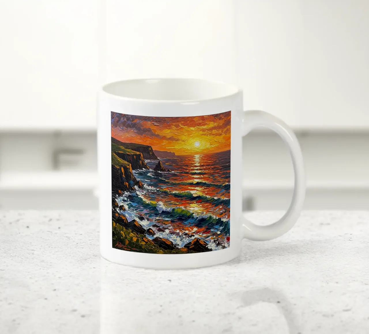 Kliffen bij zonsondergang: Een gestructureerd zeegezicht in impasto keramische mok van Artistic-shop