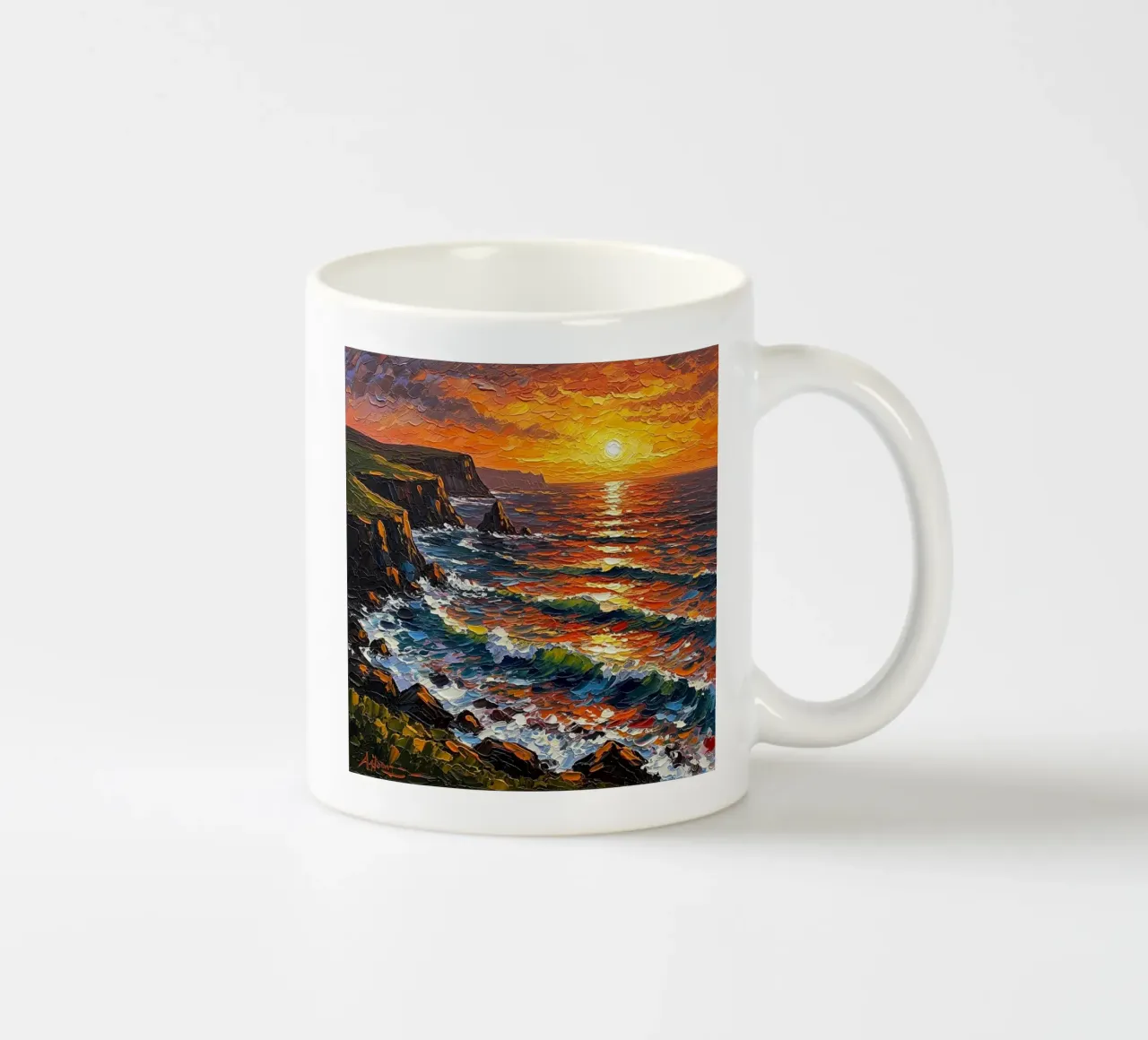 Kliffen bij zonsondergang: Een gestructureerd zeegezicht in impasto keramische mok van Artistic-shop