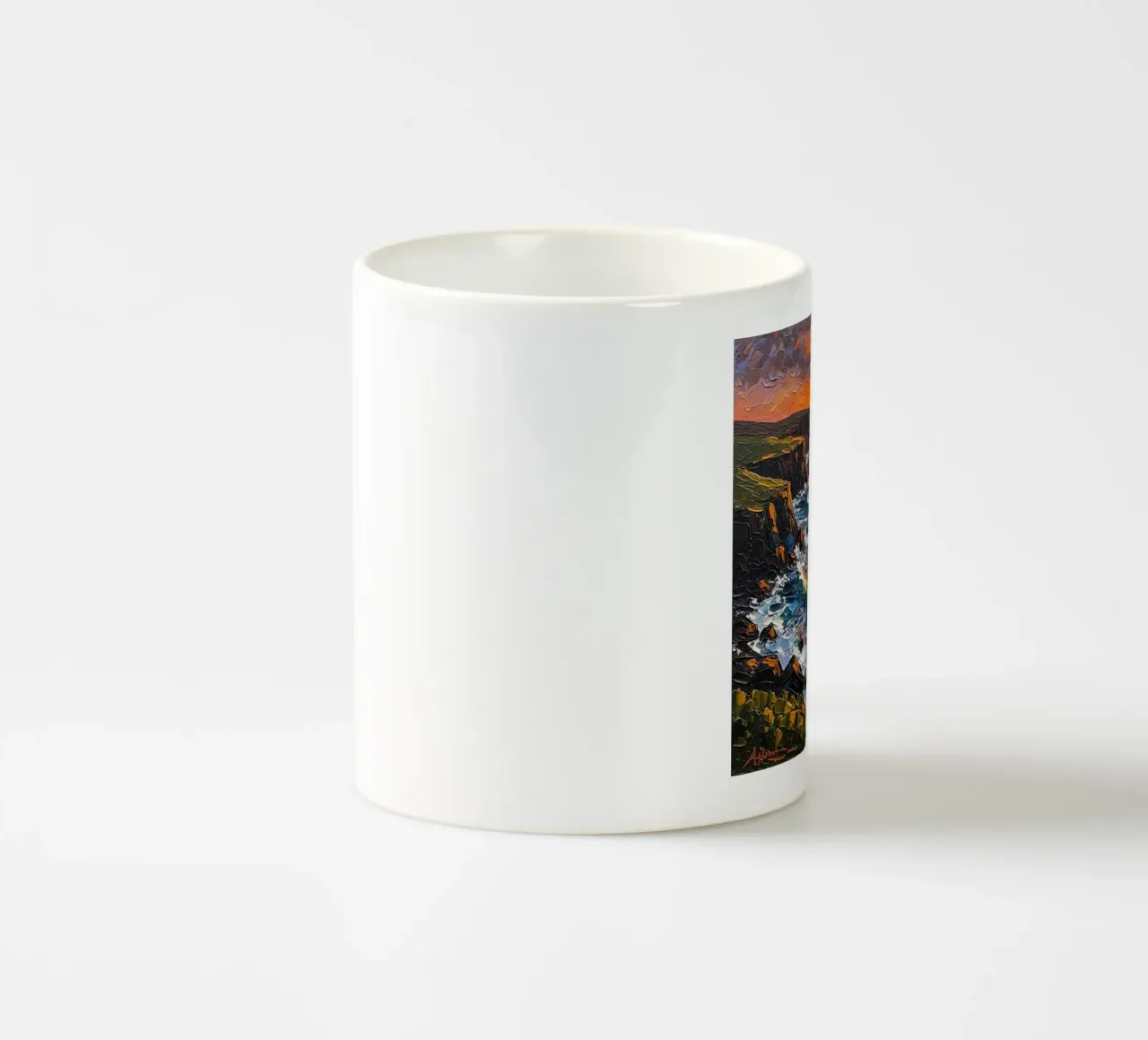 Kliffen bij zonsondergang: Een gestructureerd zeegezicht in impasto keramische mok van Artistic-shop