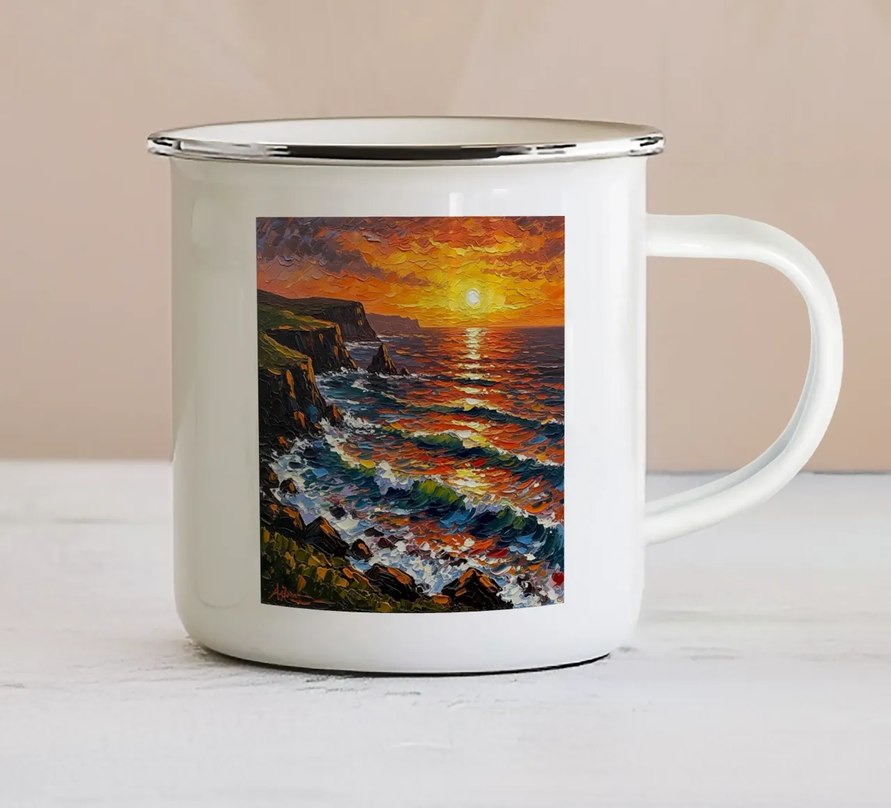 Kliffen bij zonsondergang: Een gestructureerd zeegezicht in impasto emaille mok van Artistic-shop