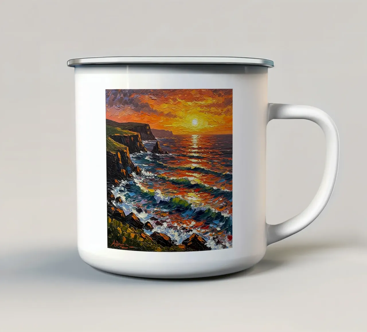 Kliffen bij zonsondergang: Een gestructureerd zeegezicht in impasto emaille mok van Artistic-shop