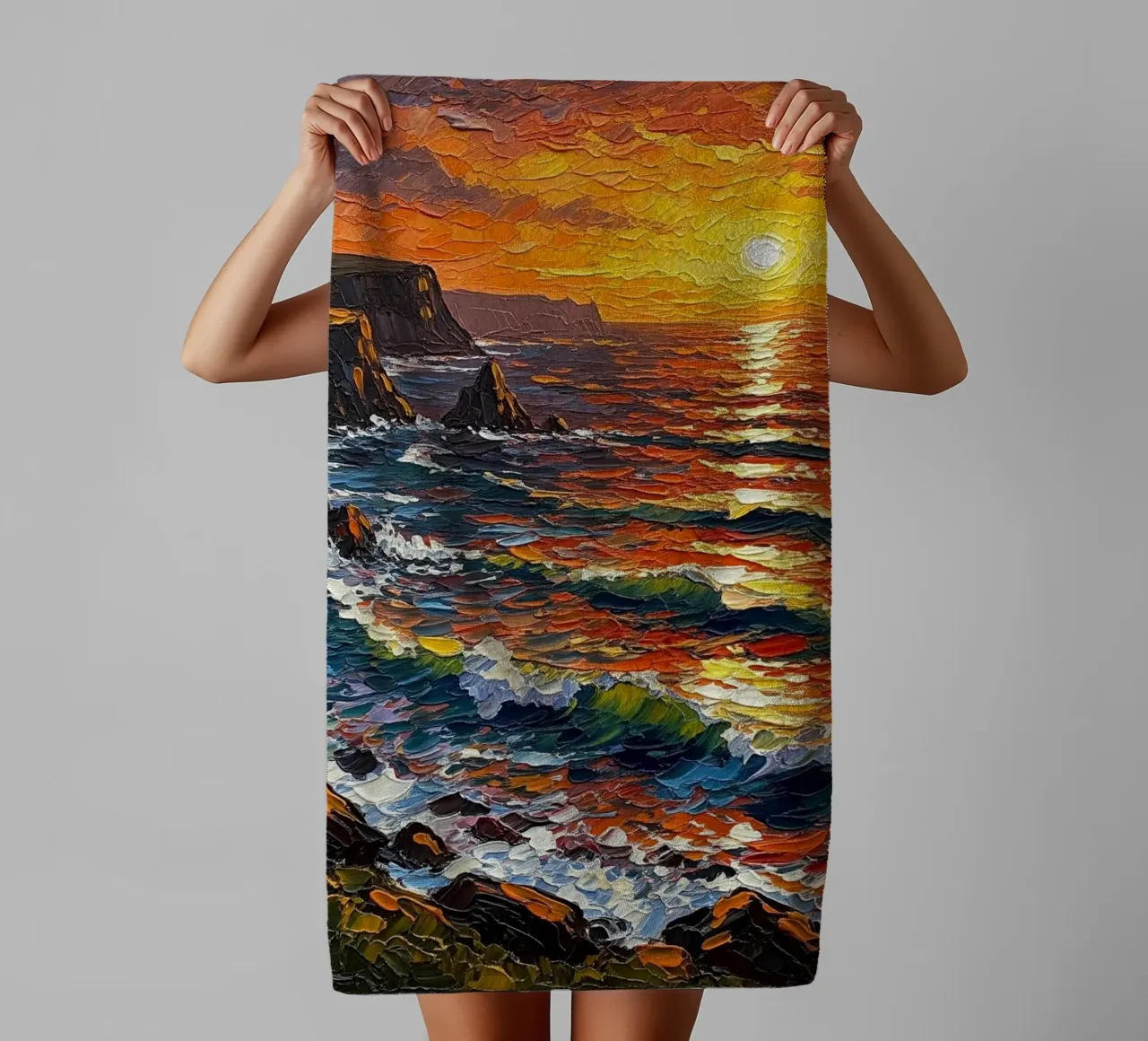 Sunset Cliffs: A Textured Impasto Seascape towel by Artistic-shop