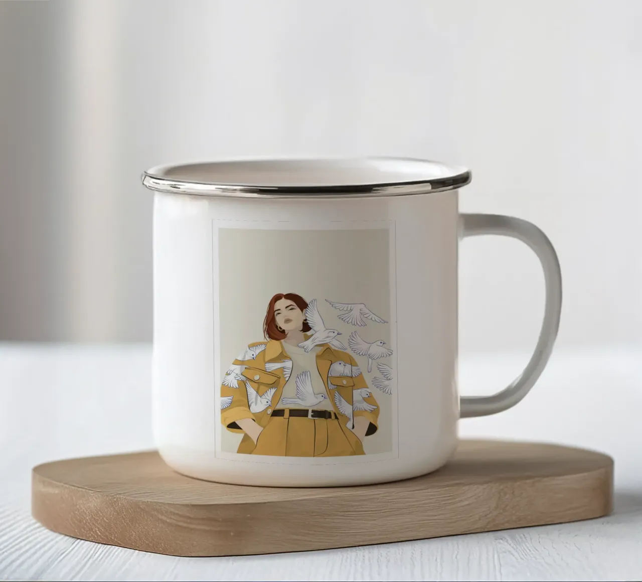 Donna con uccelli tazza in smalto da Lise.ya