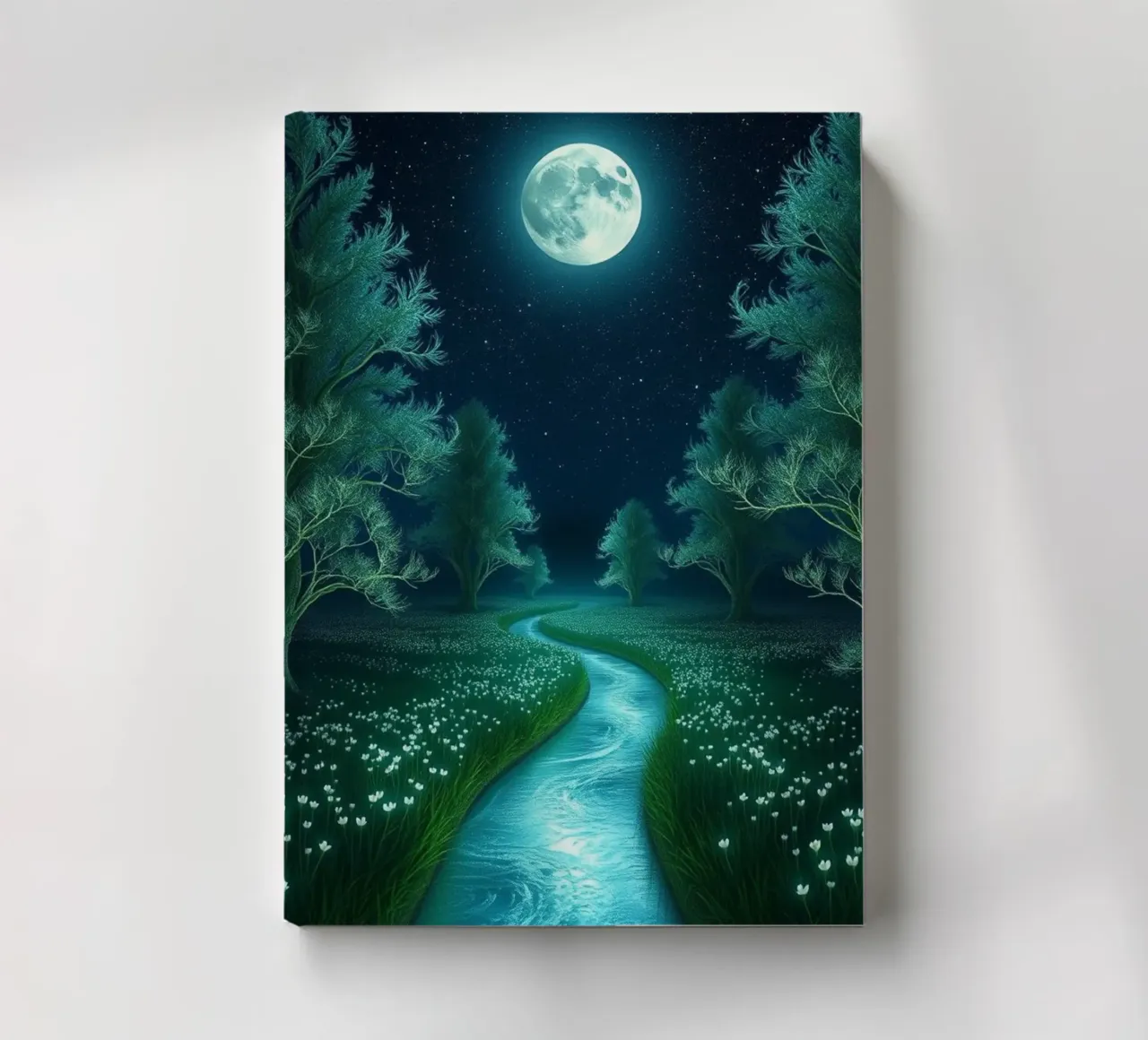 Moonlit Serenity: A Luminous Creek Through a Whispering Fore notebook by Artistic-shop