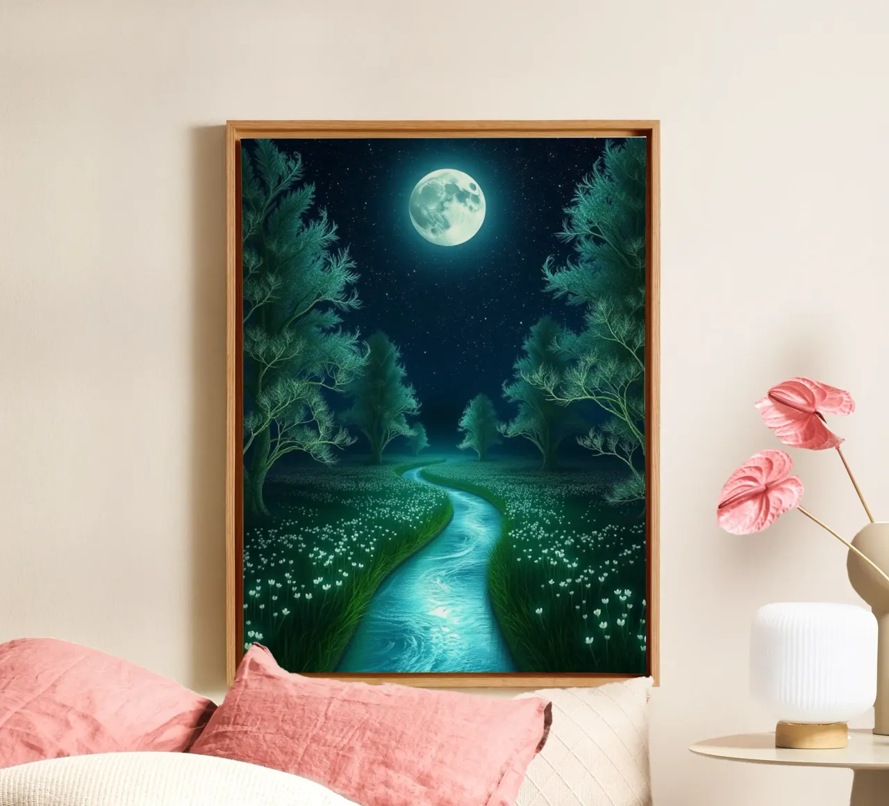 Sérénité au clair de lune : Un ruisseau lumineux à travers une forêt murmurante toile avec Caisse américaine de Artistic-shop