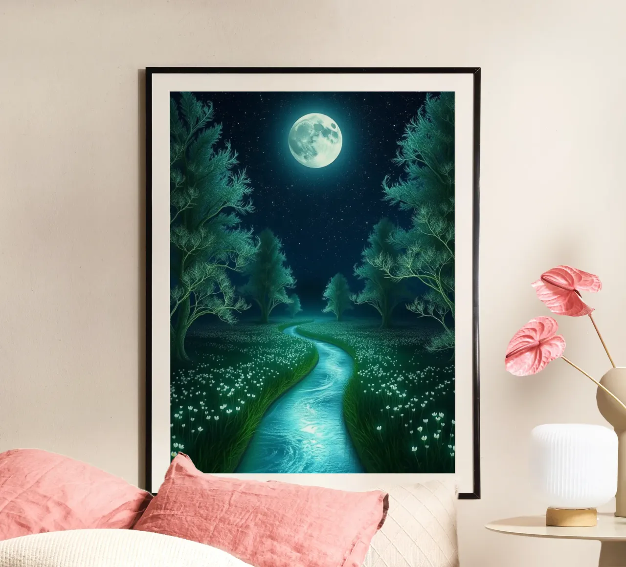 Serenità al chiaro di luna: Un'insenatura luminosa attraverso un bosco sussurrante poster con telaio in plastica da Artistic-shop