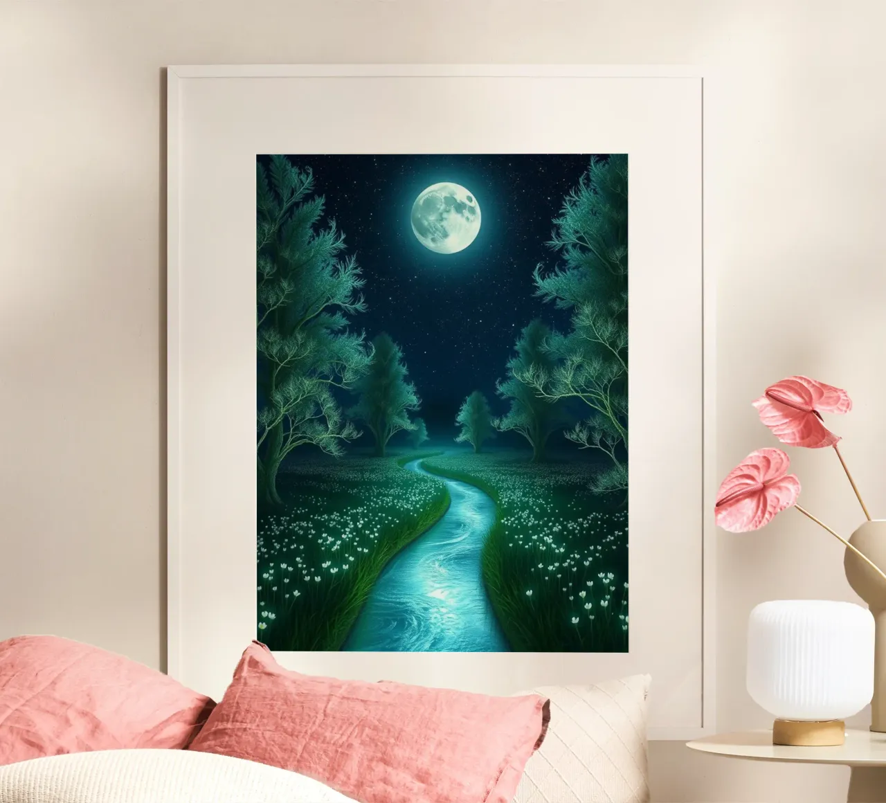 Serenità al chiaro di luna: Un'insenatura luminosa attraverso un bosco sussurrante poster con telaio in plastica da Artistic-shop