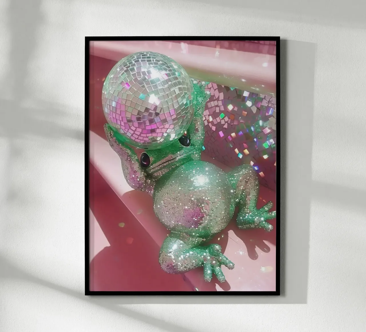 Rana rosa glitterata con palla da discoteca Y2K Cool Cute Funky 90S poster con telaio in legno da Gentle Echoes Art