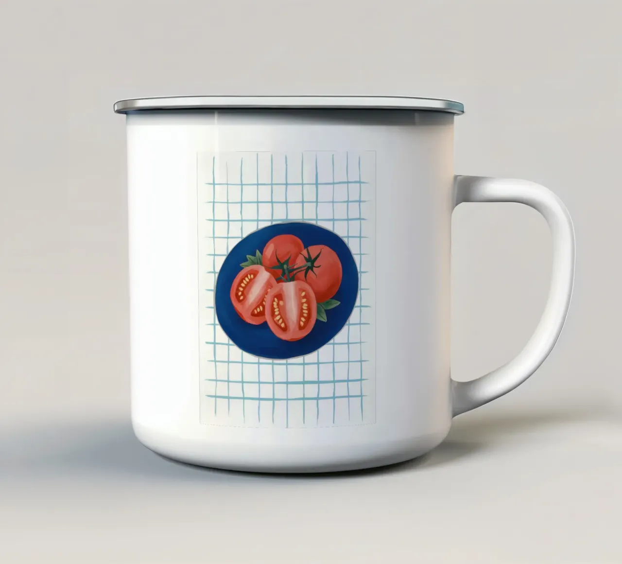 Tomate auf Riffelteller Emaille Tasse von Frame Aura