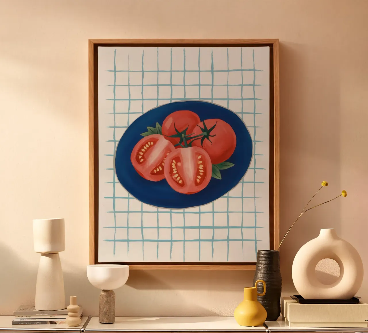 Tomaat op geruit bord canvas met Baklijst van Frame Aura