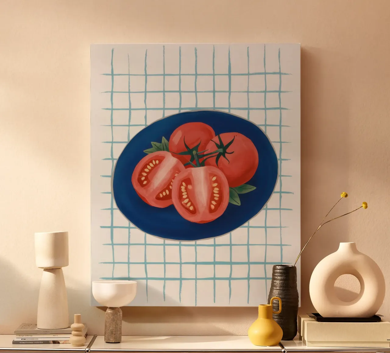 Tomaat op geruit bord canvas met Baklijst van Frame Aura