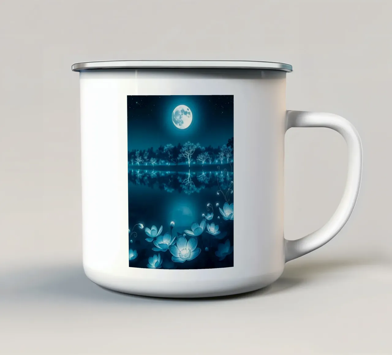 Serenità di mezzanotte: Un lago luminoso al chiaro di luna con Lotu incandescente tazza in smalto da Artistic-shop