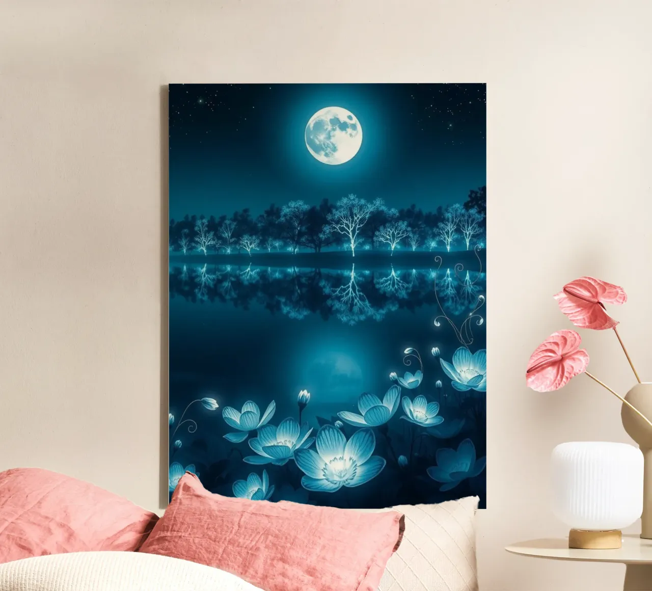 Sérénité de minuit : Un lac lumineux au clair de lune avec le Lotu incandescent toile avec Caisse américaine de Artistic-shop