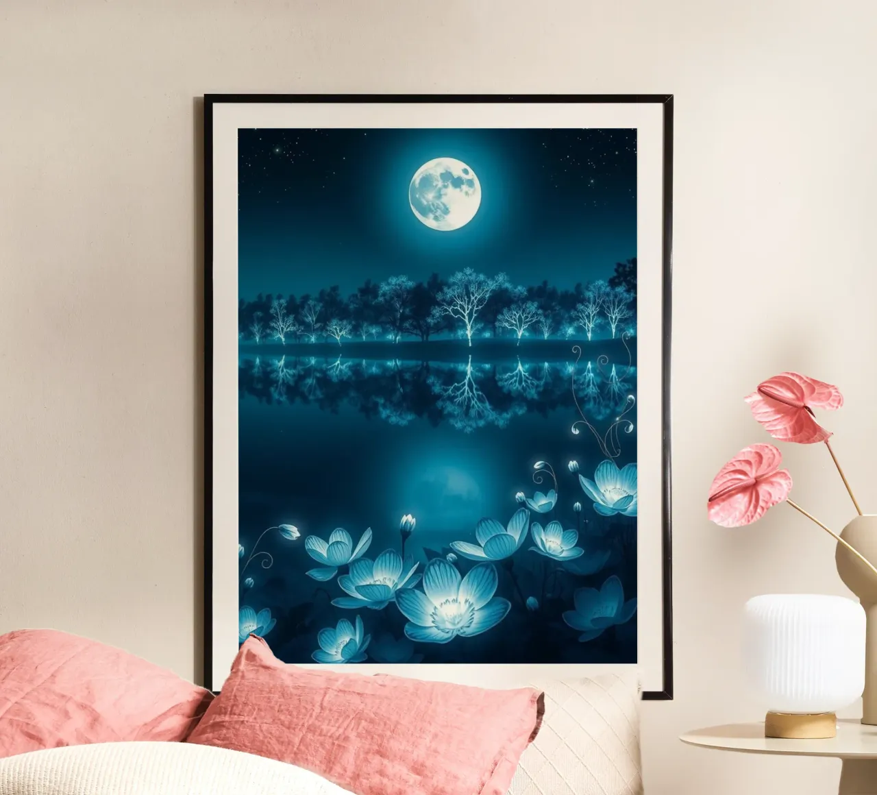 Serenità di mezzanotte: Un lago luminoso al chiaro di luna con Lotu incandescente poster con telaio in legno da Artistic-shop