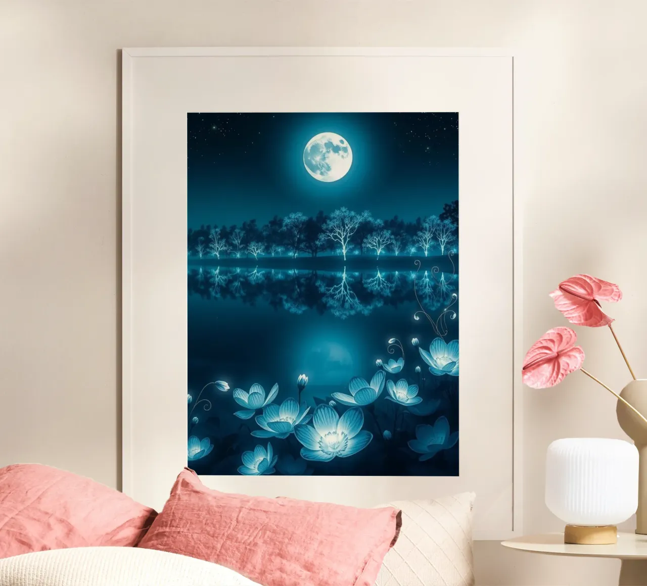 Serenità di mezzanotte: Un lago luminoso al chiaro di luna con Lotu incandescente poster con telaio in legno da Artistic-shop