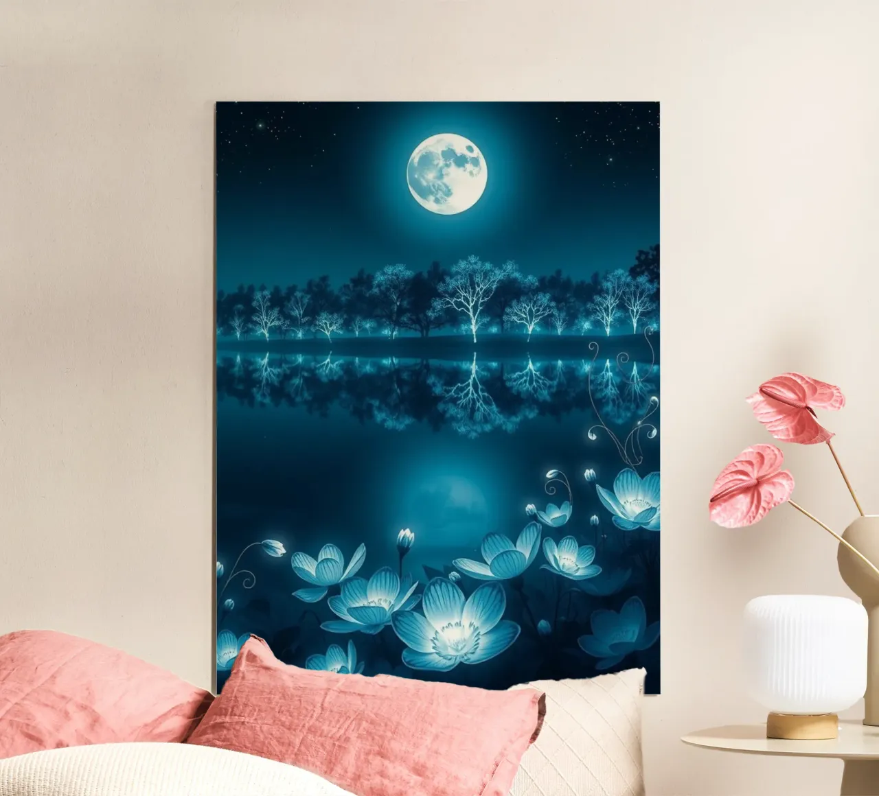 Serenità di mezzanotte: Un lago luminoso al chiaro di luna con Lotu incandescente poster con telaio in legno da Artistic-shop