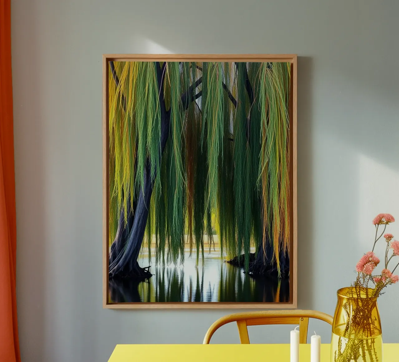 Das Flüstern der Weide: Ein heiterer Wandteppich aus Sonnenlicht und Schatten Leinwand mit Schattenfugenrahmen von Artistic-shop
