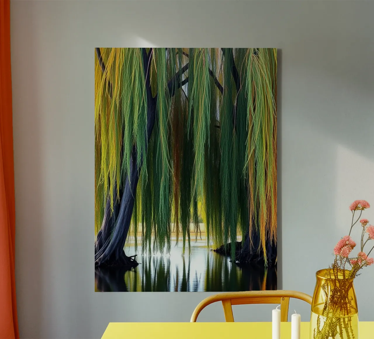 Das Flüstern der Weide: Ein heiterer Wandteppich aus Sonnenlicht und Schatten Leinwand mit Schattenfugenrahmen von Artistic-shop