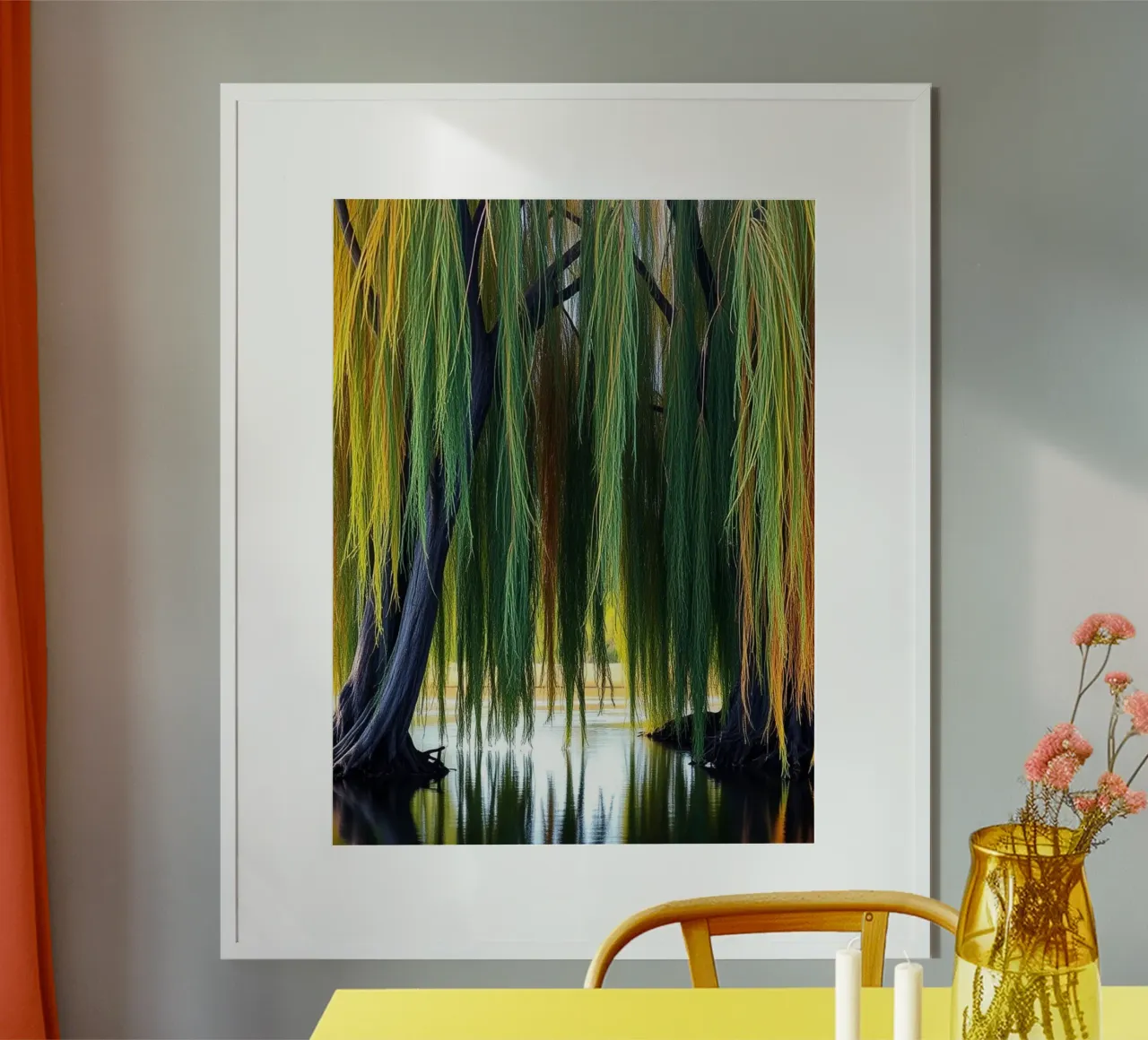 Sussurri del salice: Un sereno arazzo di luce solare e ombra poster con telaio in alluminio da Artistic-shop